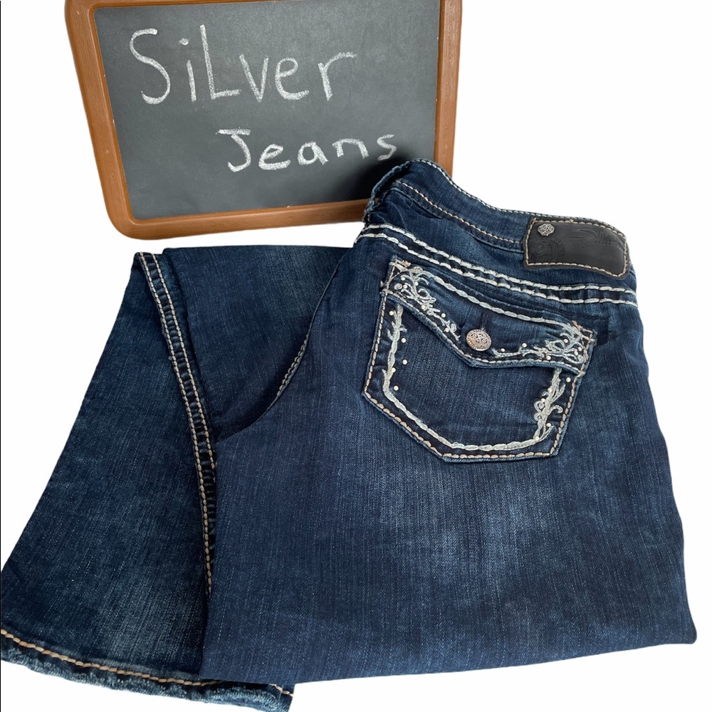 SILVER slightly distressed, dark wash bluejeans